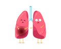 Cute cartoon funny unhealthy illness lungs character. Suffering sick lung mascot with pneumonia. Human respiratory