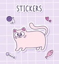 Cute cartoon funny white cat stands. Sticker of a cat with toys on a checkered background. Label Sticker.