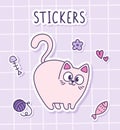 Cute cartoon funny white cat waving his tail. Sticker of a cat with toys on a checkered background. Label Sticker.