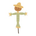 Cute cartoon garden scarecrow. A pumpkin head in a straw hat Royalty Free Stock Photo