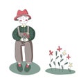 Cute cartoon gardener character and the flowers, vector isolated illustration in simple style. Royalty Free Stock Photo