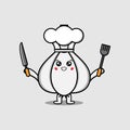 Cute cartoon Garlic chef holding knife and fork