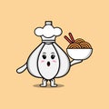 cute cartoon Garlic chef holding noodles in bowl