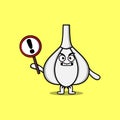 Cute cartoon Garlic with exclamation sign board