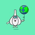 Cute cartoon Garlic floating with world balloon