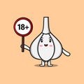 cute cartoon Garlic holding 18 plus sign board