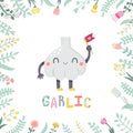 Cute cartoon garlic illustration with flowers and lettering. Royalty Free Stock Photo