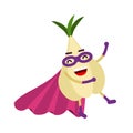 Cute cartoon garlic superhero in mask and cape, colorful humanized vegetable character Illustration Royalty Free Stock Photo