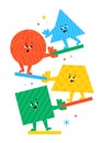 Cute cartoon geometric figures with different face emotions, circle, triangle, square and trapeze, funny poster idea for