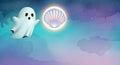 Cute cartoon ghost floating at night with a glowing seashell moon Royalty Free Stock Photo