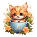 cute cartoon ginger little kitten in a tea cup surrounded by flowers on white background Royalty Free Stock Photo