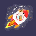 Cute cartoon giraffe astronaut in a mysterious rocket in the sky night