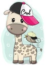 Cute Cartoon Giraffe in a cap with a bird