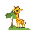 cute cartoon giraffe with a sweet smile near the tree