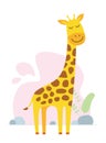 Cute cartoon giraffe. Drawing african baby wild smiling character. Kind smiling jungle safari animal. Vector creative Royalty Free Stock Photo