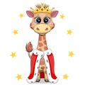 Cute cartoon giraffe king with crown and royal robe. Royalty Free Stock Photo