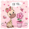 Cute cartoon Giraffe with pink flower