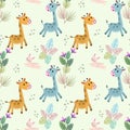 Cute cartoon giraffe and rabbit running seamless pattern. Royalty Free Stock Photo