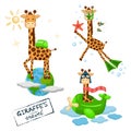 A cute cartoon giraffe travels round the world, a vector isolated collection about journey, trip and adventure