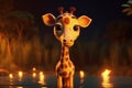 Cute Cartoon Giraffe With Very Big Eyes And Pitying Gaze A Forest With A Glowing Lake. Generative AI