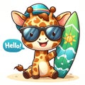 Cute cartoon giraffe wearing glasses and carrying a surfboard, isolated on a white background 1