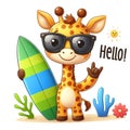 Cute cartoon giraffe wearing glasses and carrying a surfboard, isolated on a white background 2 Royalty Free Stock Photo