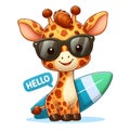 Cute cartoon giraffe wearing glasses and carrying a surfboard, isolated on a white background 3 Royalty Free Stock Photo