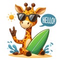Cute cartoon giraffe wearing glasses and carrying a surfboard, isolated on a white background 4 Royalty Free Stock Photo