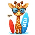 Cute cartoon giraffe wearing glasses and carrying a surfboard, isolated on a white background 5 Royalty Free Stock Photo