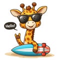 Cute cartoon giraffe wearing glasses and carrying a surfboard, isolated on a white background 6 Royalty Free Stock Photo