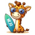 Cute cartoon giraffe wearing glasses and carrying a surfboard, isolated on a white background 7 Royalty Free Stock Photo