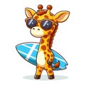 Cute cartoon giraffe wearing glasses and carrying a surfboard, isolated on a white background 9 Royalty Free Stock Photo