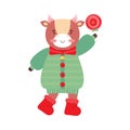 Cute cartoon girl baby bull with sweet lollipop. Funny ox in clothes, scarf, boots, winter jacket, bow, bell. Symbol Royalty Free Stock Photo