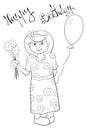 A children coloring book,page for relaxing,a cute girl with balloon and flowers and lettering image.Line art style illustration