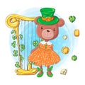 Cute cartoon girl bear in a leprechaun hat with harp and precious stones, card for St. Patrick`s Day. Vector