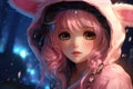 Cute cartoon girl with big eyes wearing pink hood with bunny ears in a backdrop of falling snowflakes. Fantasy dreamy
