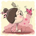 Cute Cartoon Girl with bird and butterfly