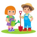 Cute Cartoon Girl And Boy Working In The Garden Vector Illustration. Farmer Kids Vector.