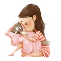 Cute cartoon girl with cat