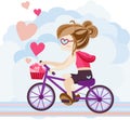 Cute cartoon girl character is riding a bicycle delivering heart