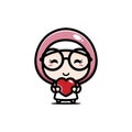 Cute cartoon girl character wearing Muslim costume with a veil and glasses while holding a heart