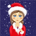 Cute Cartoon girl in a Christmas hat and coat with blue snowflake background and heart necklace vector Royalty Free Stock Photo