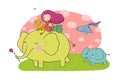 Cute cartoon girl, elephant, monkey and hippo. Royalty Free Stock Photo