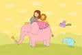 Cute cartoon girl, elephant, monkey and hippo. Royalty Free Stock Photo