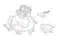 Cute cartoon girl, elephant, monkey and hippo. Royalty Free Stock Photo