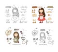 Cute cartoon girl embroiders a beautiful pattern. Woman cook bakes pies. Interesting hobby