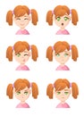 Cute cartoon girl faces showing different emotions girl emotion emoji icon set for interiors Flat design style illustration