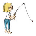 Cute cartoon girl fishing with rod. Vector isolated hand drawn character