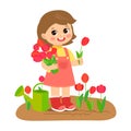 Cute cartoon girl with flower bouquet vector. Young farmer girl with tulip bouquet in the garden. Royalty Free Stock Photo