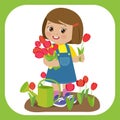 Cute Cartoon Girl With Flower Bouquets Vector. Young Farmer Girl With Tulip Bouquet In The Garden.